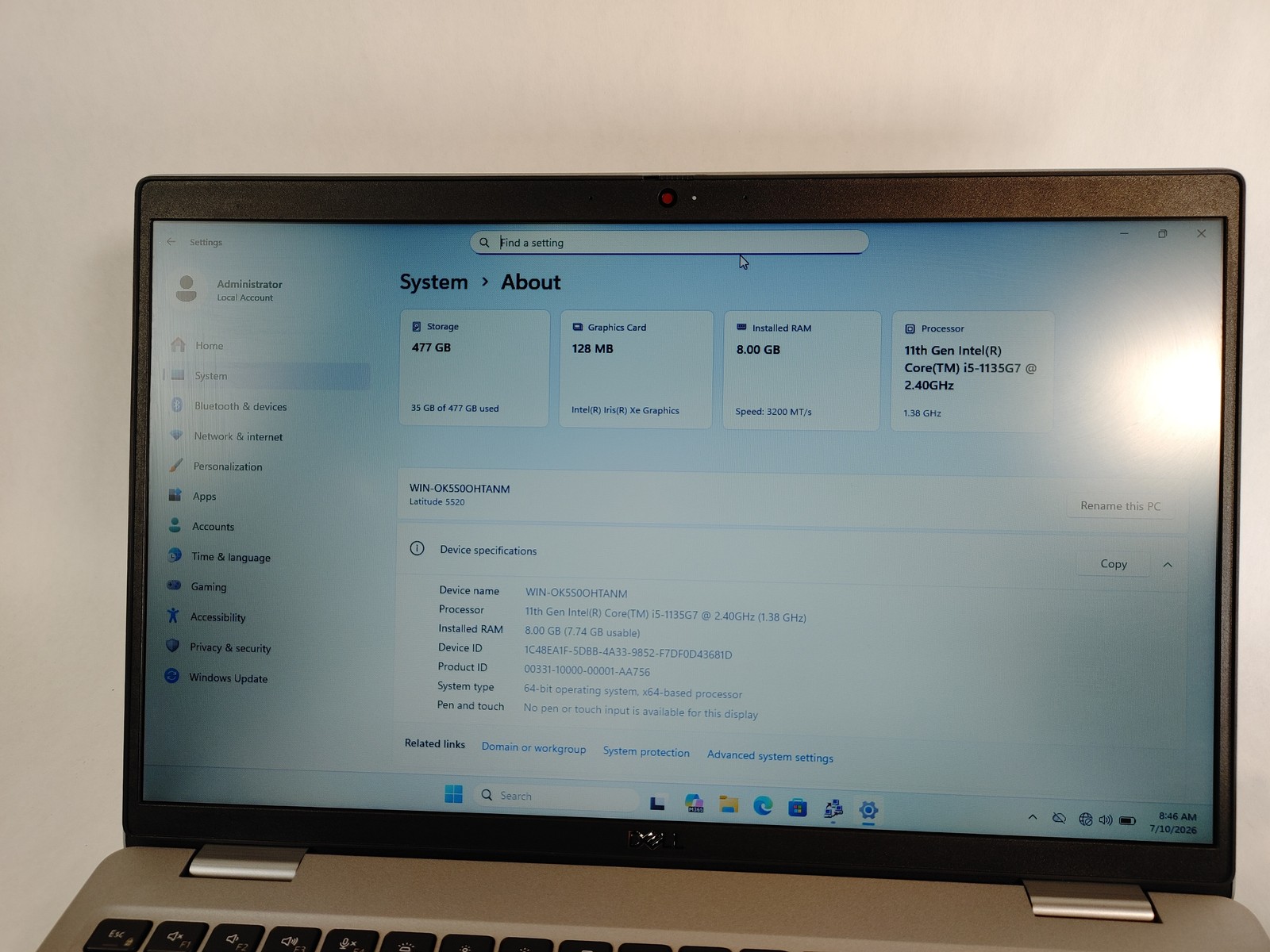 Dell Latitude 5520 Core i5-1135G7 2.40 GHz 8 GB DDR4 512 GB NVMe Windows 11 Pro